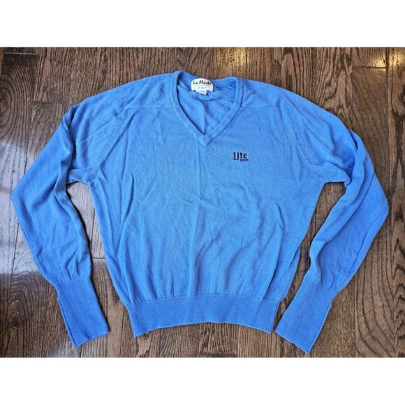 Vtg La Mode Lite Beer Logo V-Neck Sweater Blue Sz S Cashmerlon Miller Lite - Picture 1 of 9